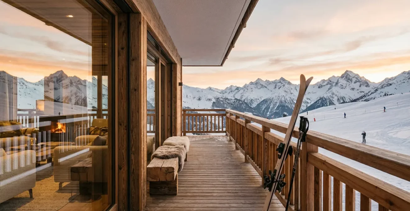 Vue panoramique d'un appartement moderne au pied des pistes de ski avec terrasse ensoleillée donnant sur un domaine skiable alpin