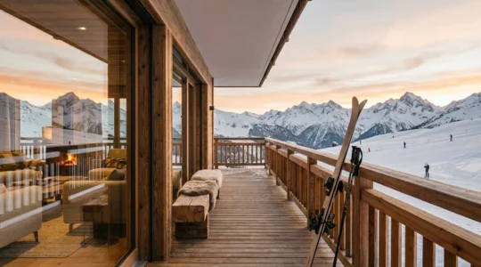 Vue panoramique d'un appartement moderne au pied des pistes de ski avec terrasse ensoleillée donnant sur un domaine skiable alpin