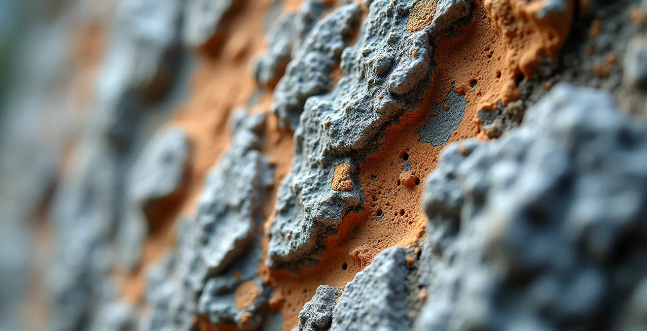 Texture détaillée de calcaire pyrénéen montrant lunules et micro-réglettes sous lumière rasante