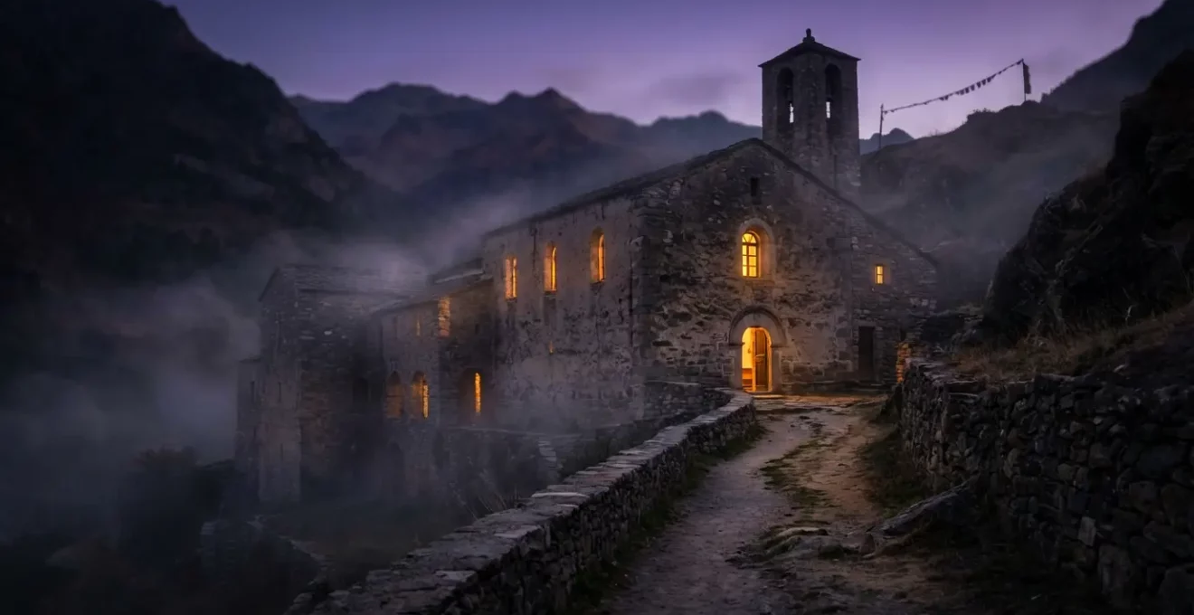 Monastère isolé niché dans les montagnes au crépuscule