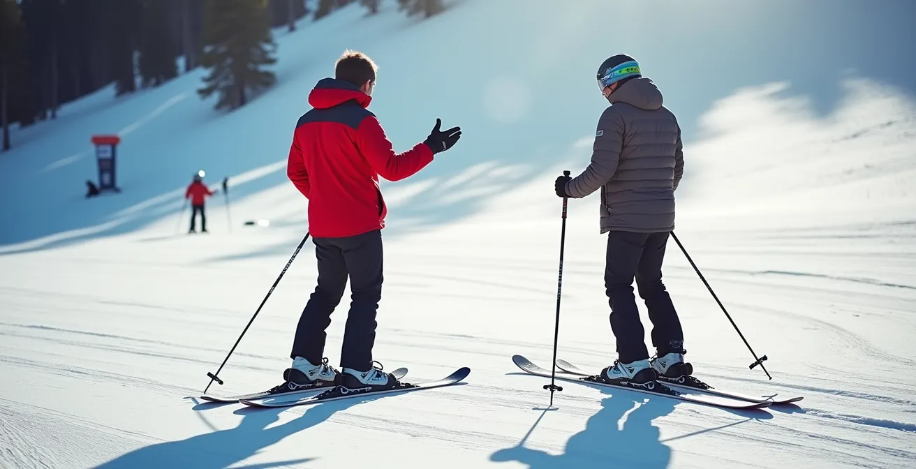 Moniteur de ski guidant un adulte débutant sur une piste douce des Pyrénées