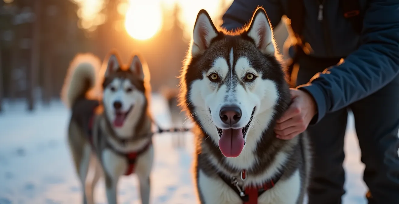 Musher préparant son attelage de chiens huskies avant le départ