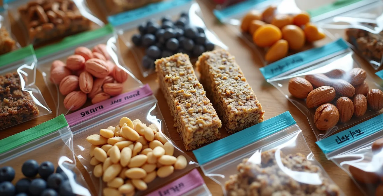 Sacs alimentaires modulaires étiquetés par jour disposés méthodiquement sur une surface en bois