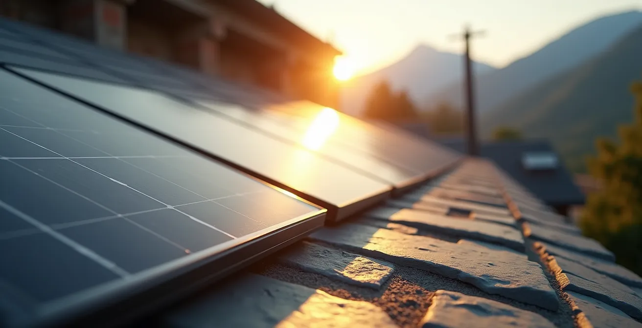 Installation de panneaux solaires sur le toit en lauze d'une grange traditionnelle avec vue sur les sommets pyrénéens