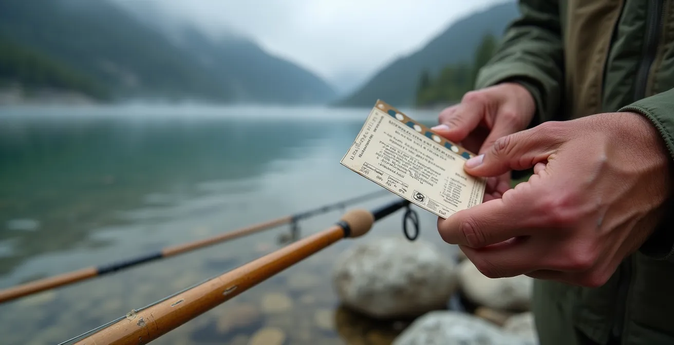 Main tenant une carte de pêche devant un lac de montagne avec cannes à pêche posées sur les rochers