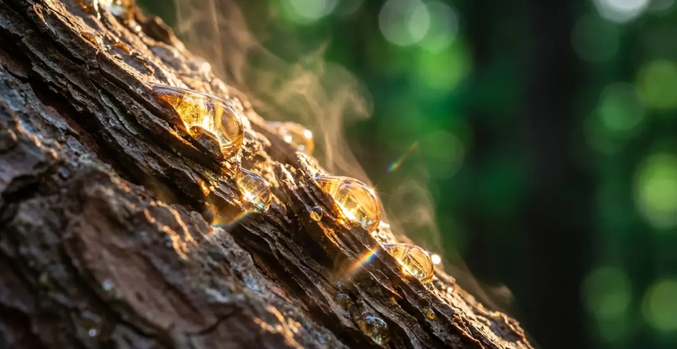 Macro photographie de résine dorée s'écoulant d'un tronc de pin avec vapeurs volatiles visibles