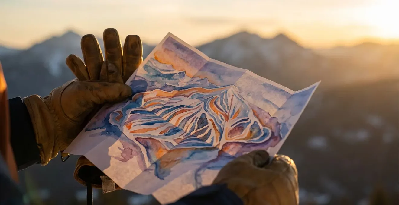 Main tenant un plan des pistes avec différentes expositions marquées sous lumière dorée de fin de journée