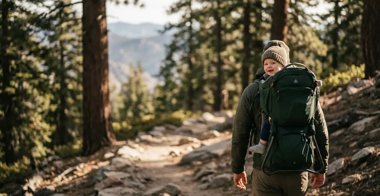 Parent avec porte-bébé de randonnée sur sentier rocheux en montagne