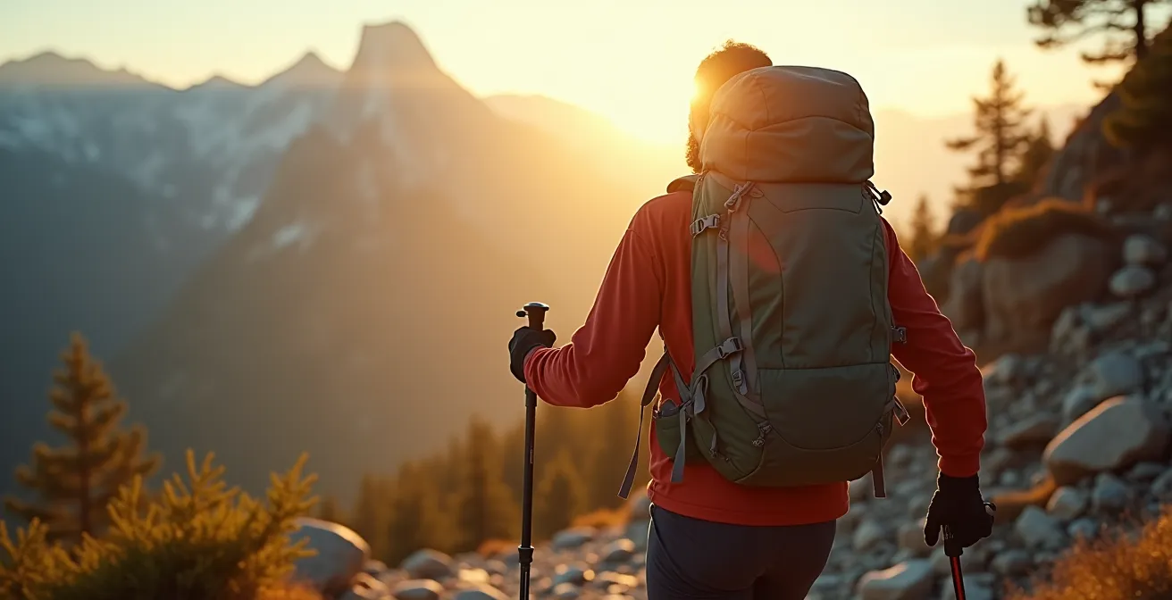 Randonneur testant son équipement complet sur un sentier d'entraînement avec paysage montagnard