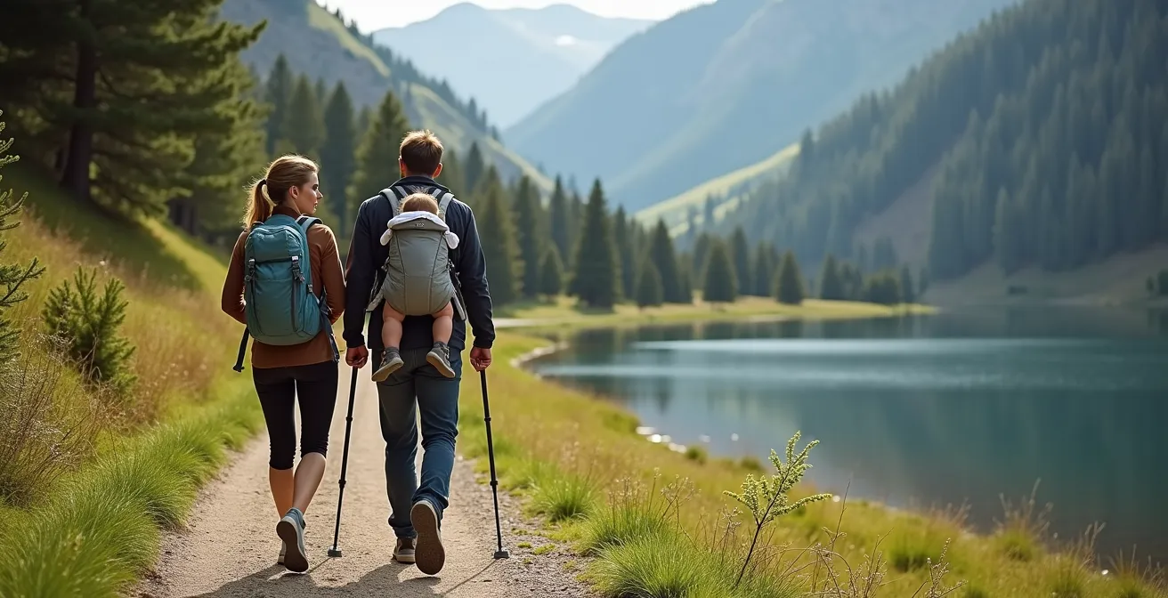 Parents avec porte-bébé sur sentier large longeant un lac de montagne, environnement sécurisé et accessible