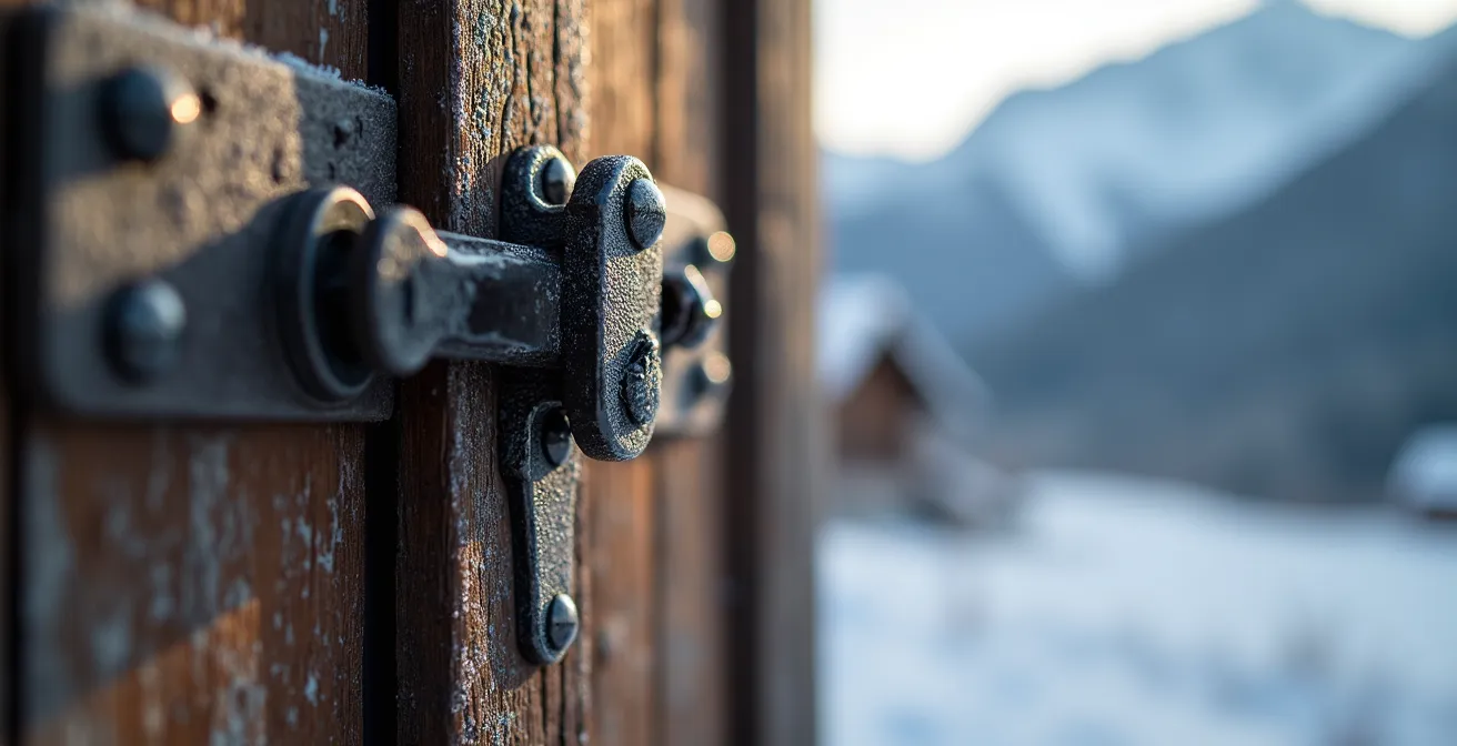 Refuge isolé perché sur un promontoire rocheux avec névés et lacs de montagne en arrière-plan