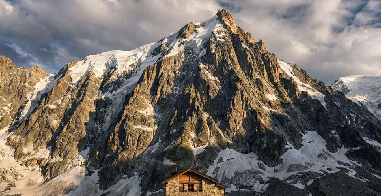 Refuge de montagne face à la paroi rocheuse imposante du Vignemale avec névés