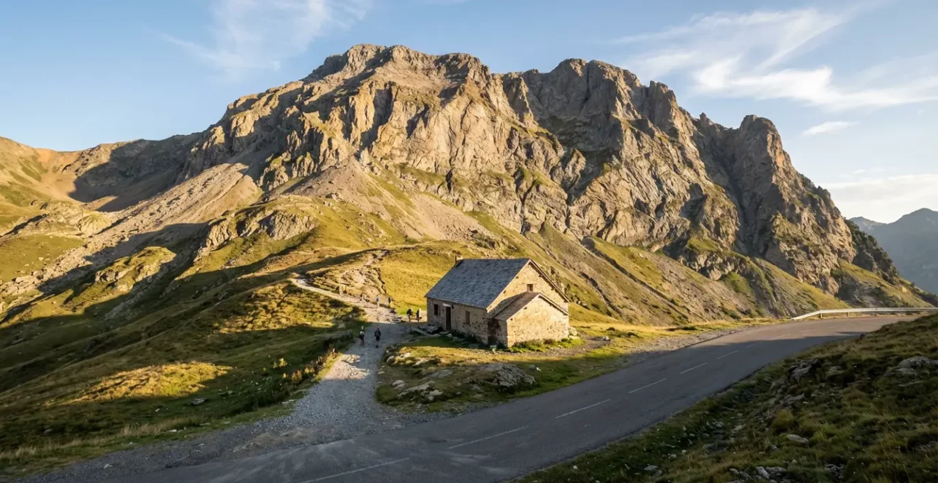 Vue depuis la route du refuge de Pombie niché au pied de la face Est du Pic du Midi d'Ossau avec des randonneurs en perspective