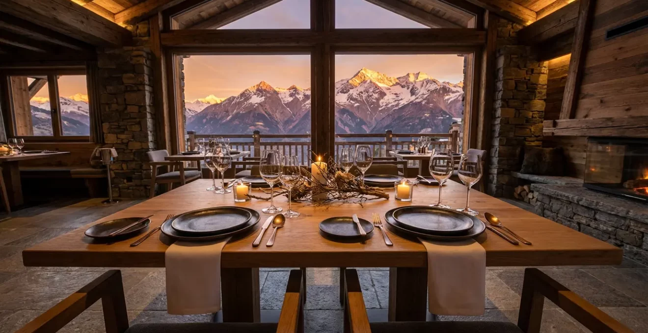 Vue plongeante sur une table dressée élégamment dans un restaurant d'altitude avec panorama montagnard