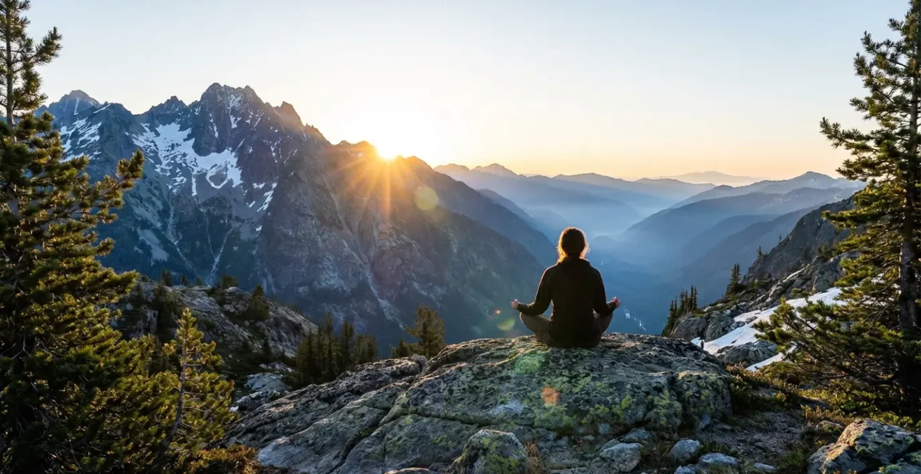 Vue panoramique d'une montagne au lever du soleil avec silhouettes pratiquant la méditation