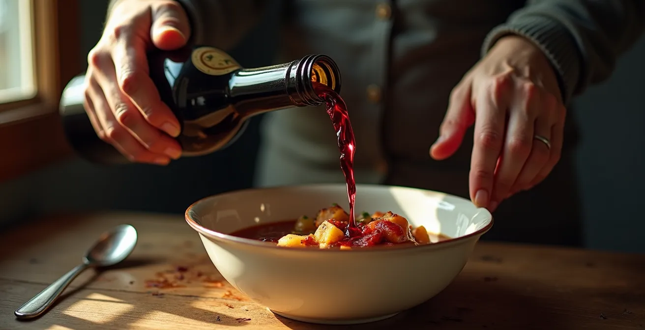 Rituel du chabrot avec versement du vin rouge dans l'assiette de garbure