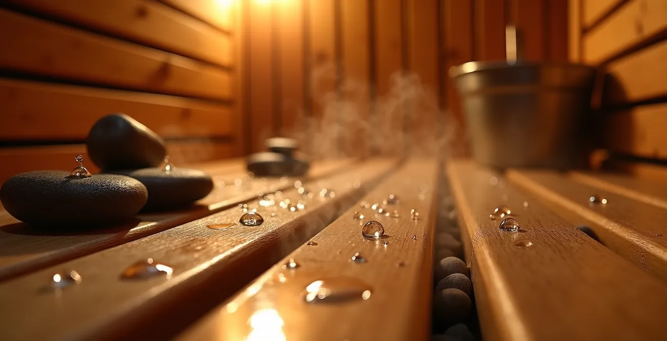 Intérieur d'un sauna finlandais avec bancs en bois et pierres chaudes
