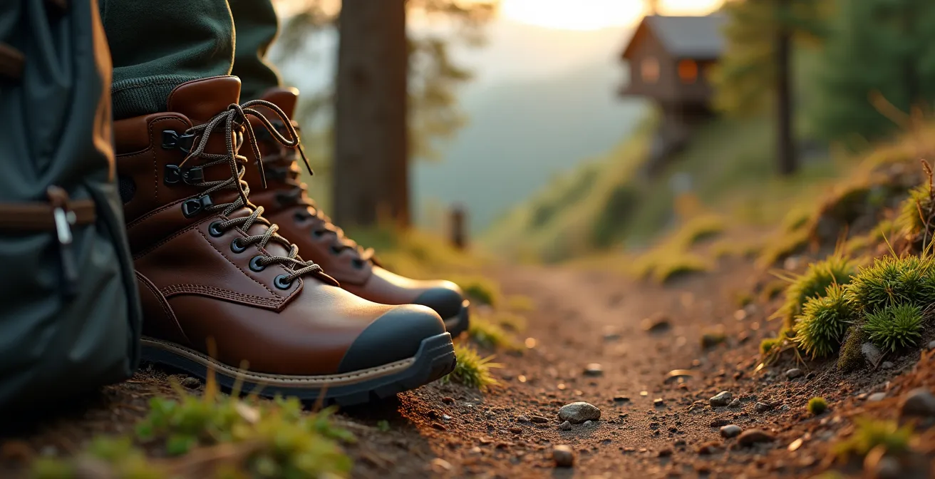 Sentier forestier menant à une cabane perchée avec équipement de randonnée au premier plan