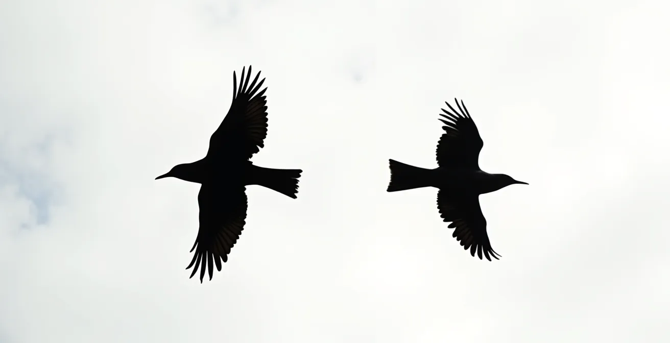 Comparaison des silhouettes en vol du Gypaète barbu et du Vautour fauve montrant les différences de queue