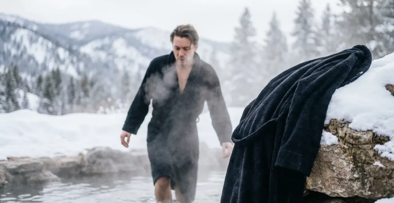 Personne sortant d'un bassin thermal fumant par temps de neige avec peignoir et serviette à portée de main