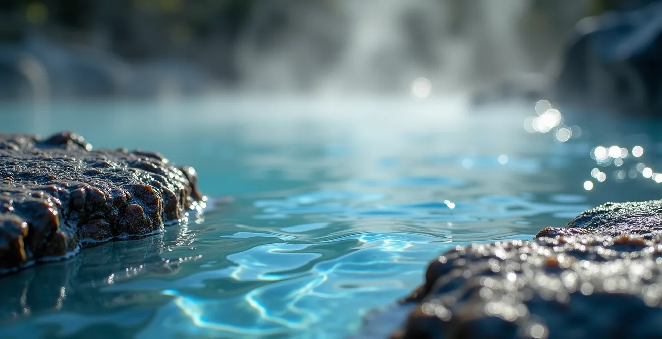 Source d'eau thermale naturelle avec vapeur s'élevant dans un cadre montagnard