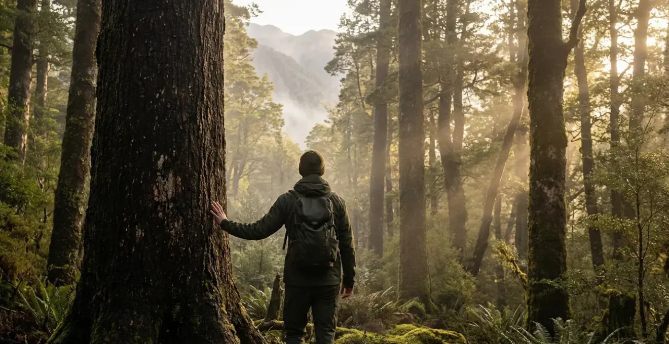 Vue immersive d'une forêt de montagne baignée de lumière dorée avec un randonneur contemplant les arbres centenaires