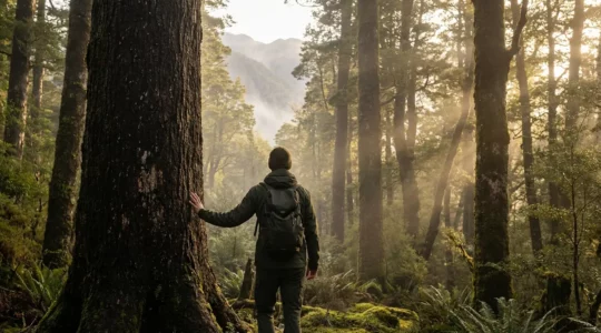 Vue immersive d'une forêt de montagne baignée de lumière dorée avec un randonneur contemplant les arbres centenaires
