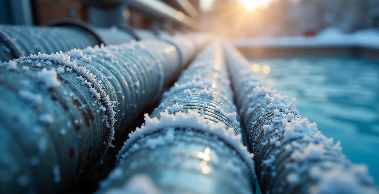 Système de chauffage de piscine avec pompe à chaleur en fonctionnement hivernal
