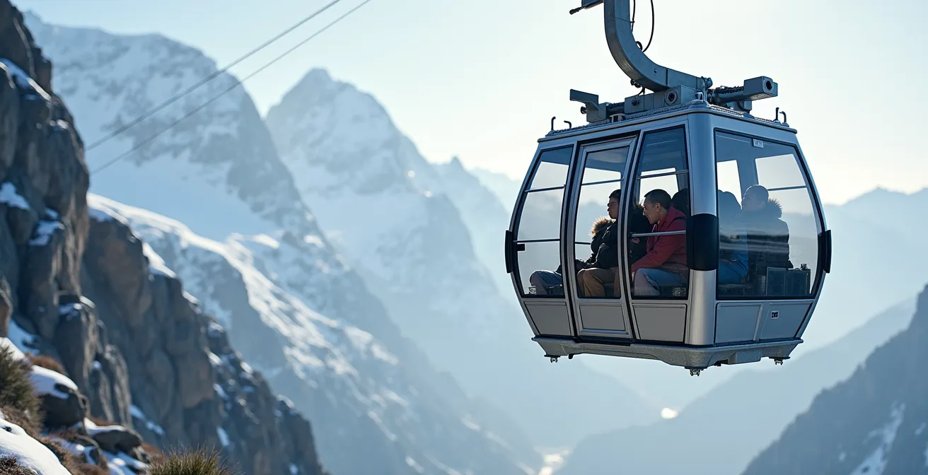 Cabine de téléphérique moderne survolant les pentes enneigées des Pyrénées