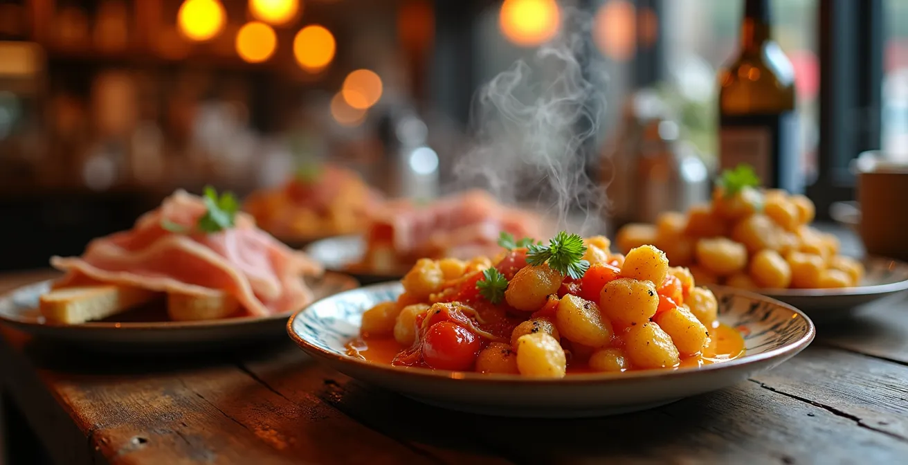 Terrasse animée d'un restaurant dans les Pyrénées espagnoles au crépuscule