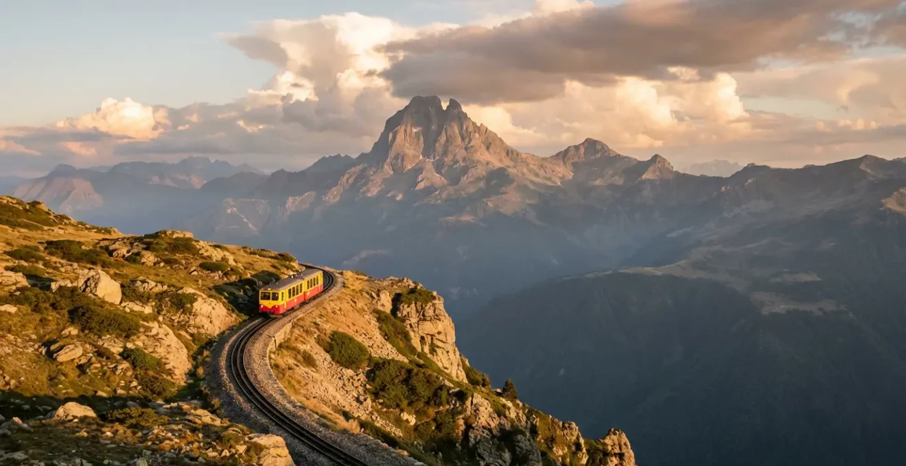 Vue panoramique du Petit Train d'Artouste serpentant à flanc de montagne avec le Pic du Midi d'Ossau en arrière-plan
