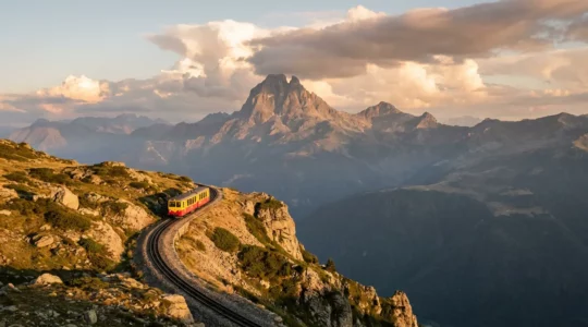 Vue panoramique du Petit Train d'Artouste serpentant à flanc de montagne avec le Pic du Midi d'Ossau en arrière-plan