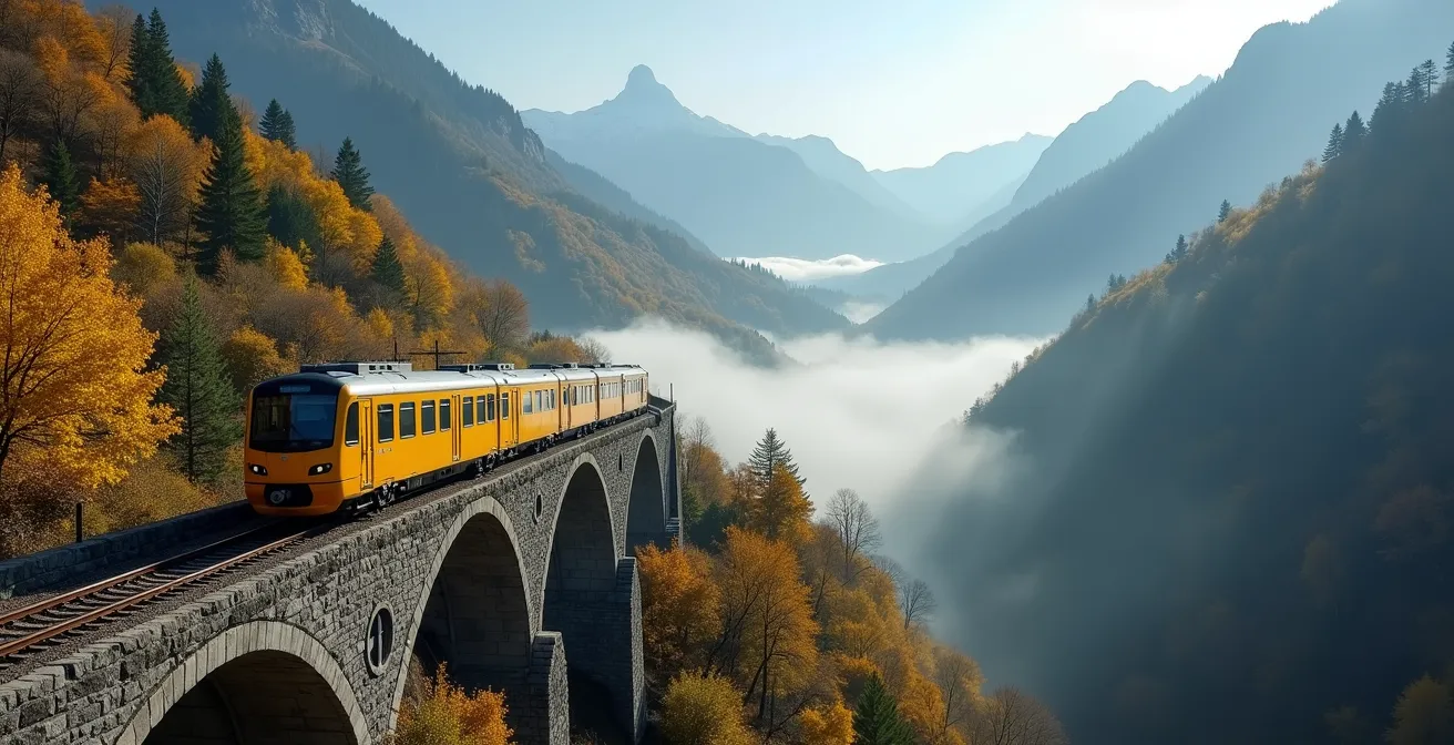 Train jaune traversant un viaduc dans les Pyrénées catalanes avec vue sur les montagnes