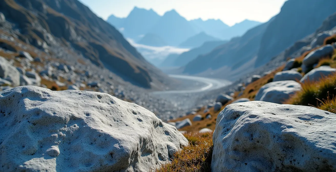 Vue aérienne d'une vallée en U typique des Pyrénées montrant moraines et verrous glaciaires