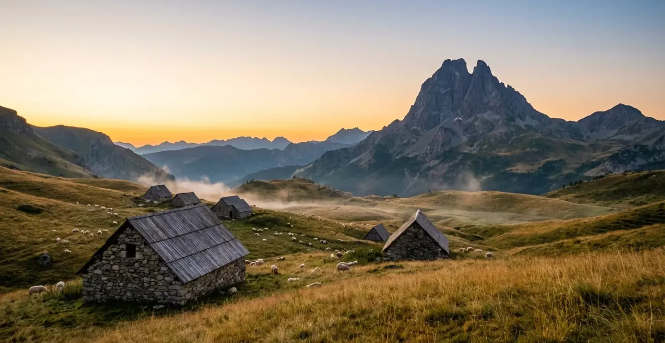 Vue panoramique de la vallée d'Ossau avec le Pic du Midi en arrière-plan et un troupeau de brebis en pâturage d'estive
