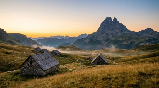 Vue panoramique de la vallée d'Ossau avec le Pic du Midi en arrière-plan et un troupeau de brebis en pâturage d'estive