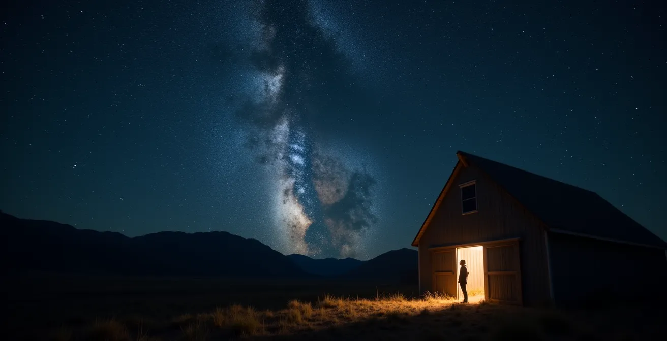 Ciel étoilé avec la Voie Lactée visible au-dessus d'une grange isolée dans l'obscurité totale des Pyrénées