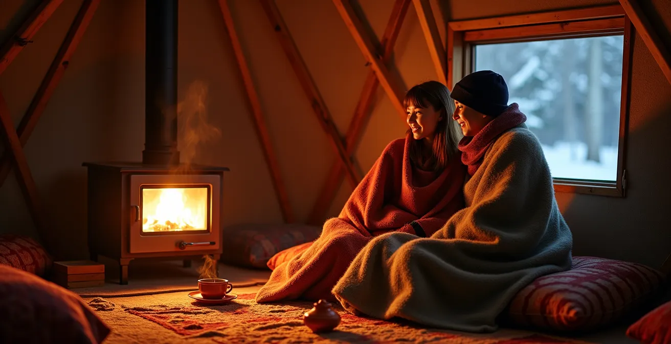 Intérieur chaleureux d'une yourte mongole en hiver avec poêle à bois central et décoration traditionnelle